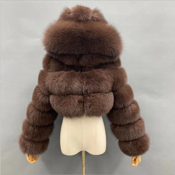 Faux Fox Fur Hooded Short Coat