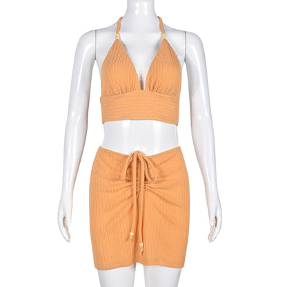 Hollow-Out Cut-Out Cropped Lace-Up Halter Neck & Skirt - Two-Piece Set (7524289937496)