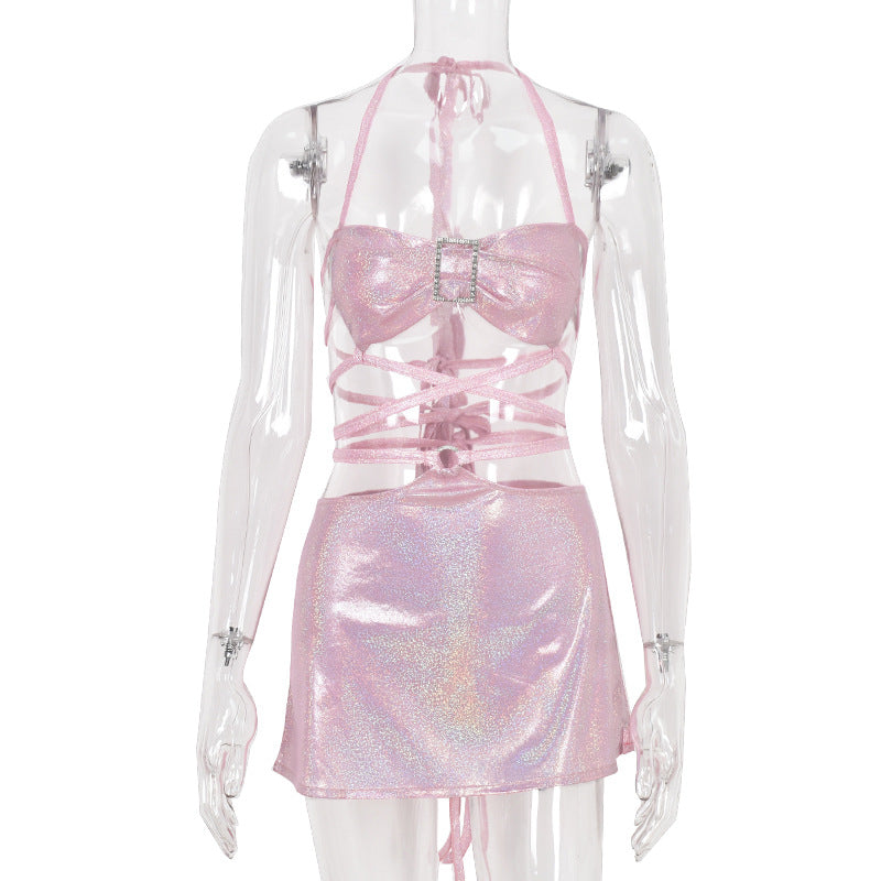 Chest Wrapped Top & Lace-Up Skirt Two-Piece Set (7524297801816)