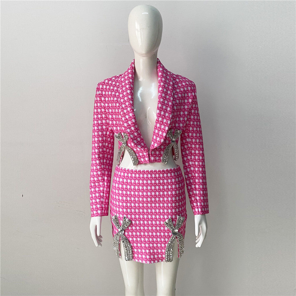 Niche Rhinestones Bow Jacquard Knitted Coat & Skirt Two-Piece Set
