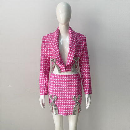 Niche Rhinestones Bow Jacquard Knitted Coat & Skirt Two-Piece Set