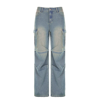 Pleated Solid Color Low-Waist Pockets Denim Jeans