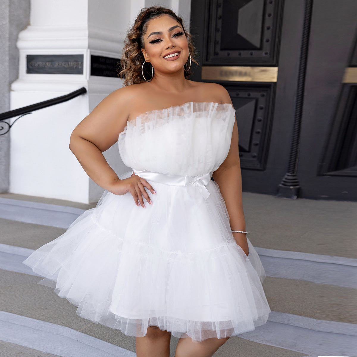 Tube Top Frill White Mini Dress (7516664332376)