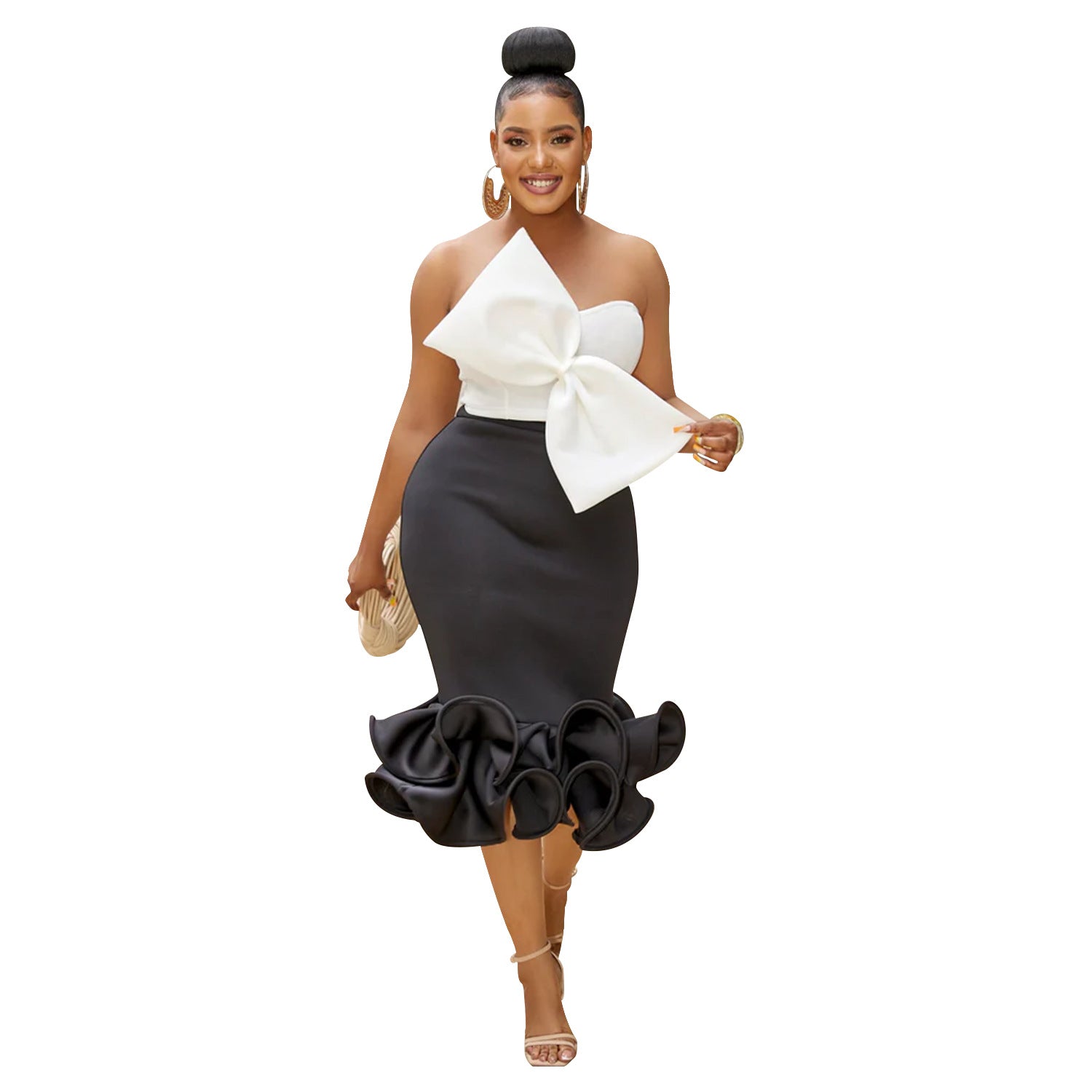 Sleeveless Bow Tube-Top & 3D Hip Skirt Two-Piece Set (7524278042712)