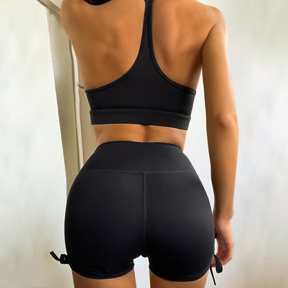 Ruched Set - Asymmetric Ruched Sports Bra High Waist Hip Strings Sports Shorts Set (7516860809304)