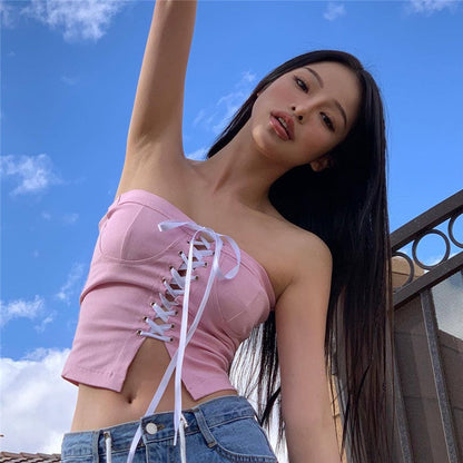 Lace-Up Slim-Fit - Solid Colors Crop-Top (7517897130072)