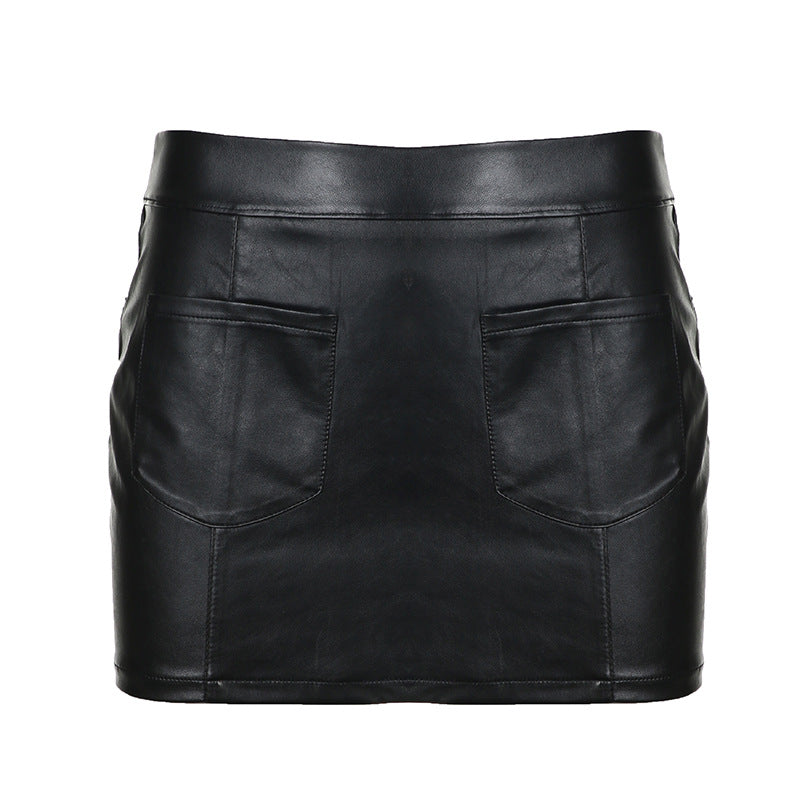 Faux-Leather Zipper Split Low-Waist Sheath Skirt