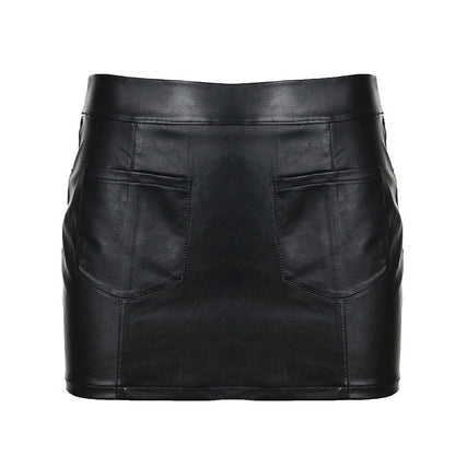Faux-Leather Zipper Split Low-Waist Sheath Skirt