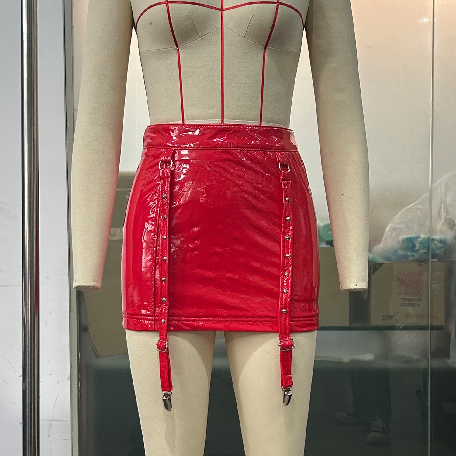 Corset-Style Faux-Leather Skirt (7524819533912)