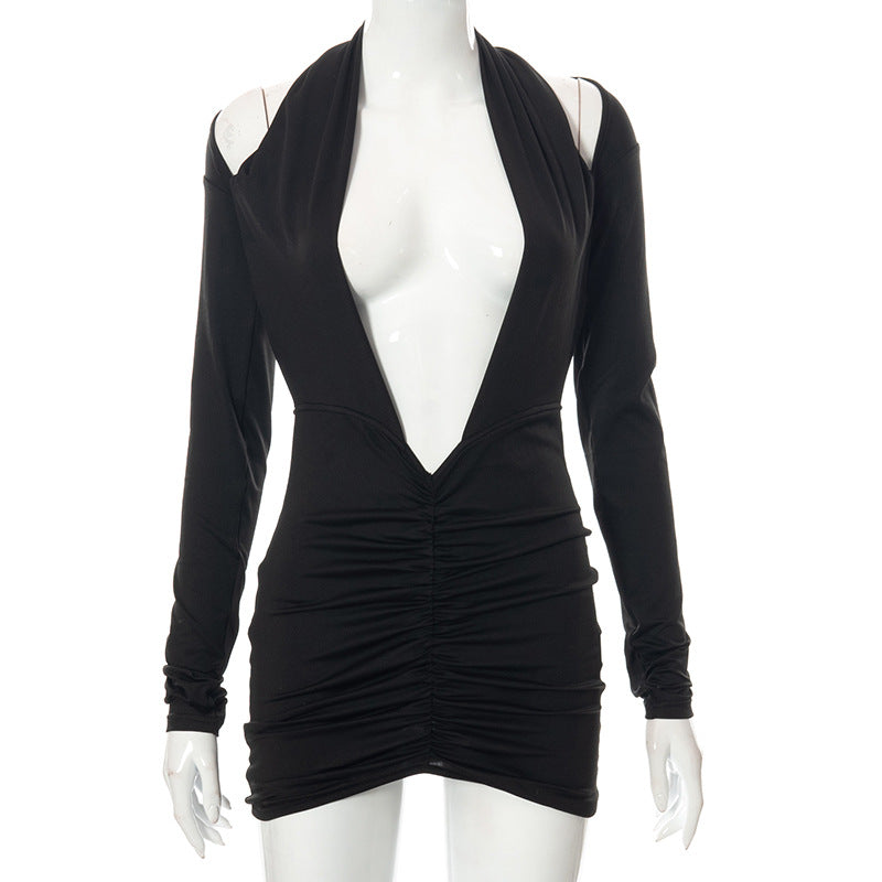 Solid Color Long Sleeves V-Neck Halter Pleated Dress