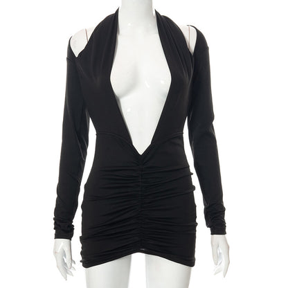 Solid Color Long Sleeves V-Neck Halter Pleated Dress