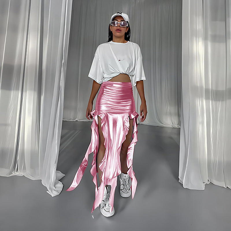 Faux-Leather Ribbon Tassel Micro Elastic Metallic Coated Fishtail Asymmetrical Skirt