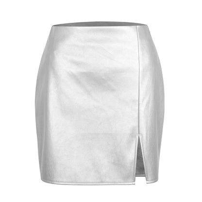 Metallic Faux-Leather Split Skirt