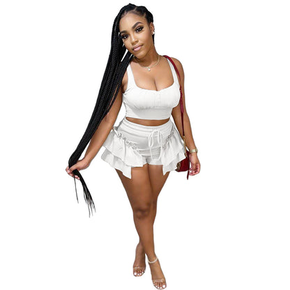 Solid Color Selvedge Top & Shorts Two-Piece Set