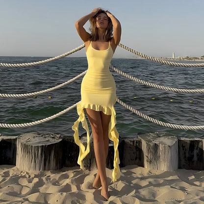 Solid Color U-Neck Backless Sling Dress
