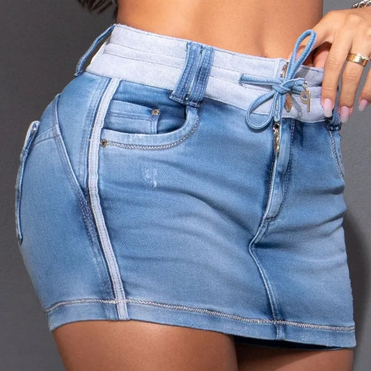 Stitching Drawstrings Denim Skirt