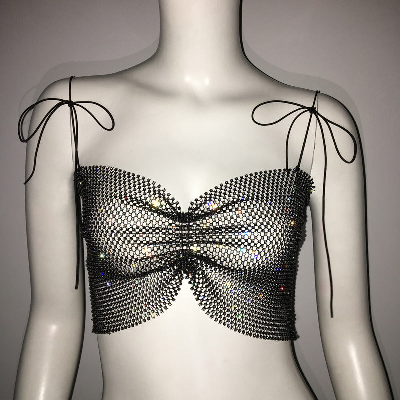 Hollow-Out Cut-Out Rhinestones - Chest-Wrapped Mesh Shoulder Bows Rhinestone Fishnet Sling Top (7517607821400)