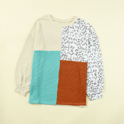 Leopard Block - Contrast Color Leopard Print Round Neck Long Sleeves Sweater Blouse (7517820813400)