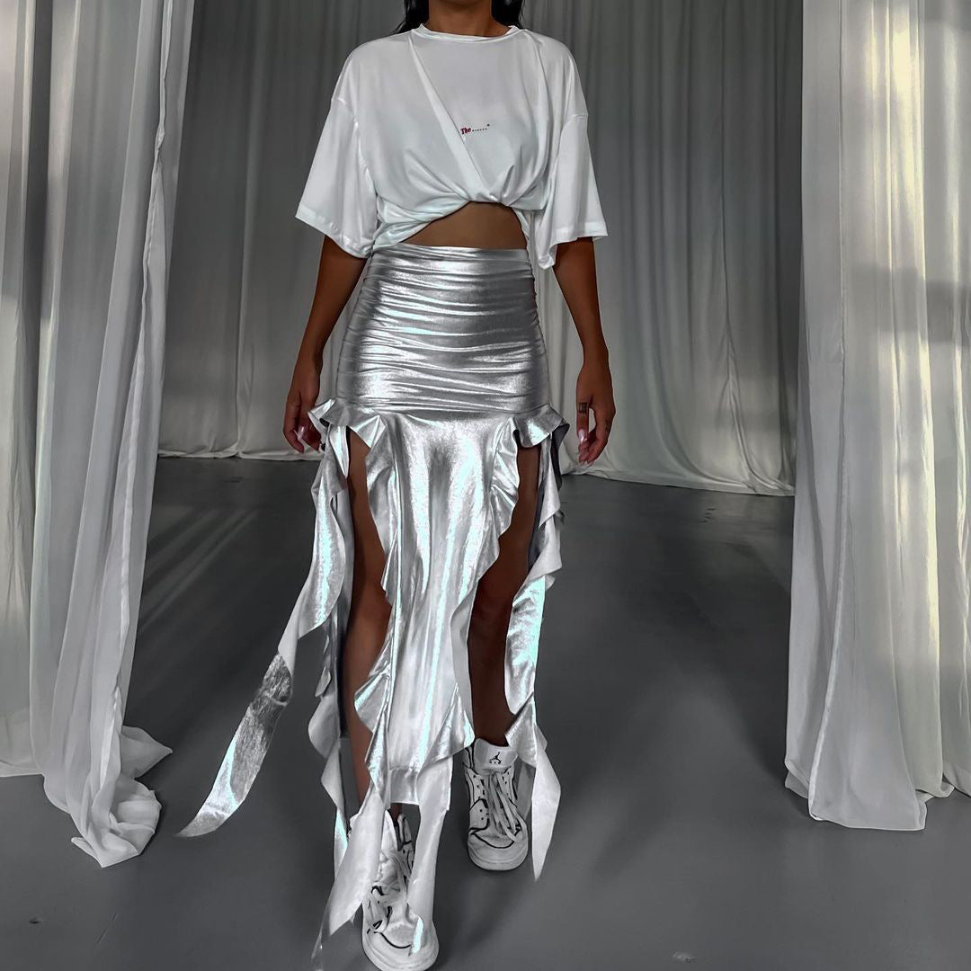 Faux-Leather Ribbon Tassel Micro Elastic Metallic Coated Fishtail Asymmetrical Skirt