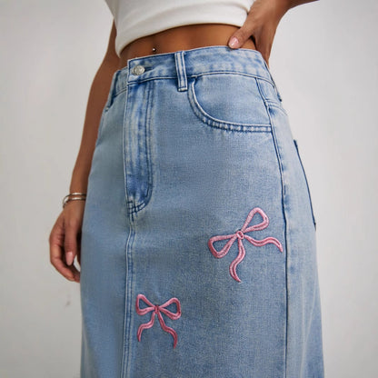 Printed Bow Top Pearl All-Matching Denim Skirt