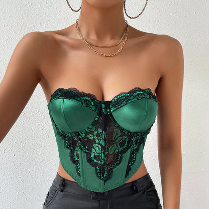 Emerald Lace - Emerald Color Matching Corset Slim-Fit Tube Top Crop-Top (7517948313688)