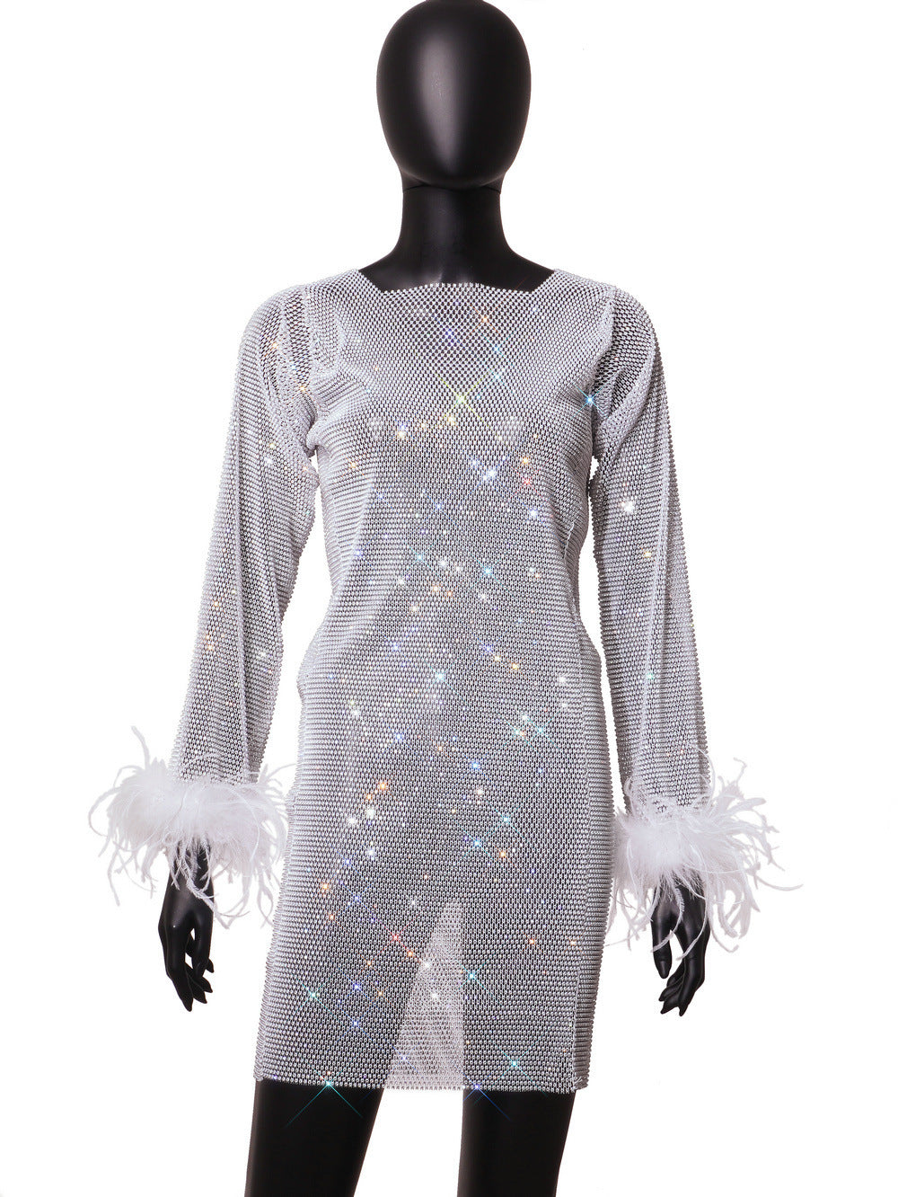 Furry Dress - Rhinestone Mesh Long Sleeves (7516662497368)