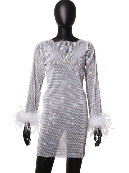 Furry Dress - Rhinestone Mesh Long Sleeves (7516662497368)
