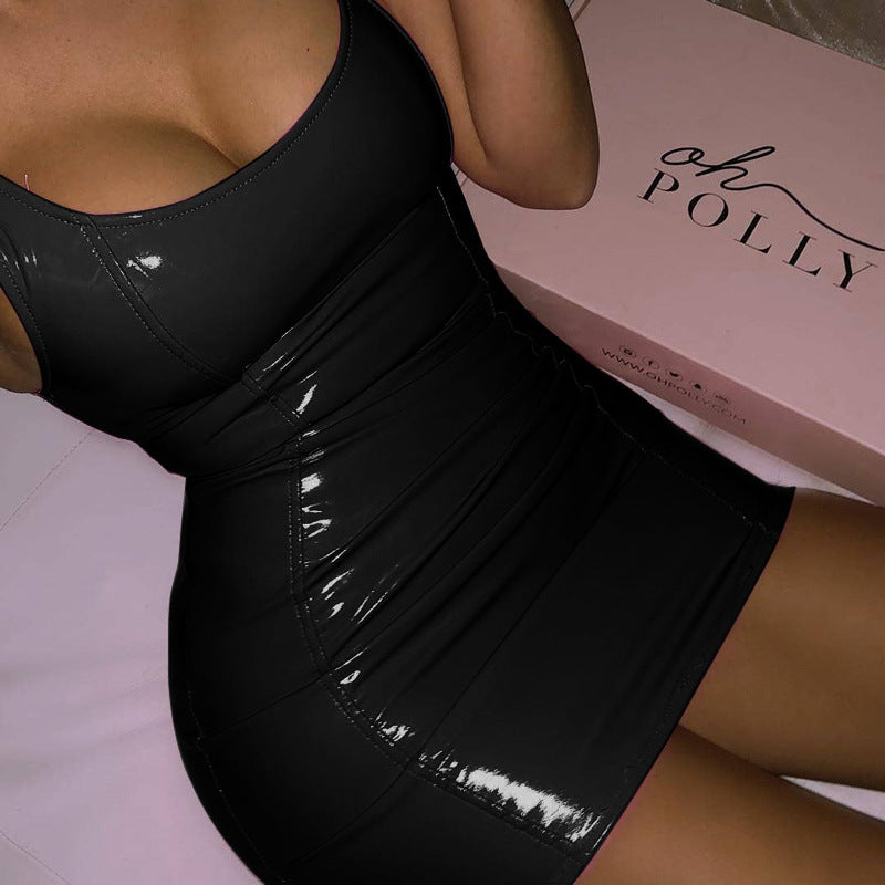 Metallic Solid Color Sling Leather Sleeveless Dress (7517616701528)