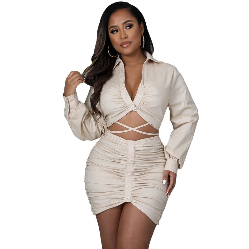 Lace-Tie Work-Style Top & Skirt Set