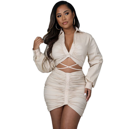 Lace-Tie Work-Style Top & Skirt Set