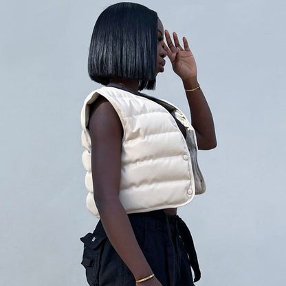 Solid Color Slim-Fit Sleeveless Snap-Round Cotton-Padded Vest Jacket