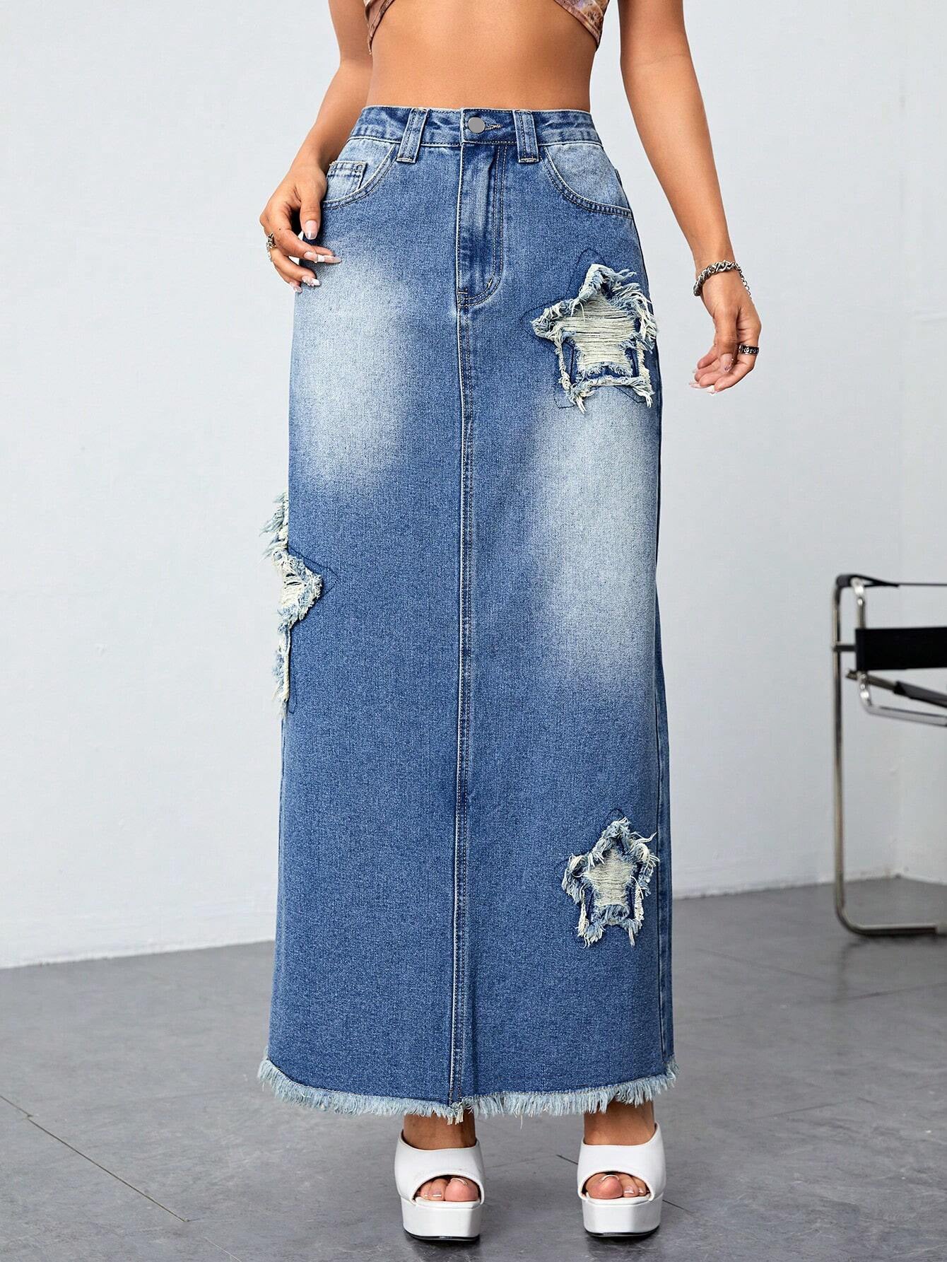 Frayed - High-Waist Slit Jeans No Belt Stars Denim Skirt (7522338209880)