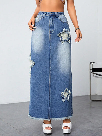 Frayed - High-Waist Slit Jeans No Belt Stars Denim Skirt (7522338209880)