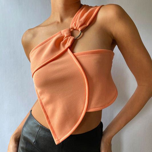 Asymmetric Solid Color Diagonal Sleeveless Lace-Up Top