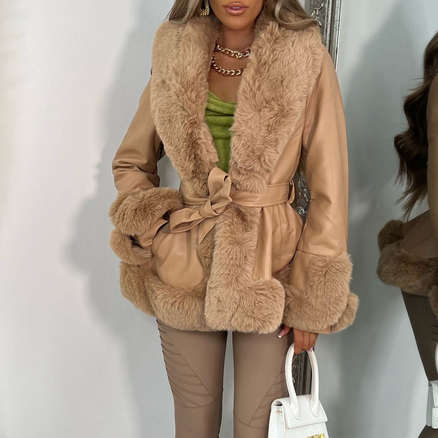 Slim-Fit Faux Leather Wide Fur Collar Patchwork Long Sleeves Coat