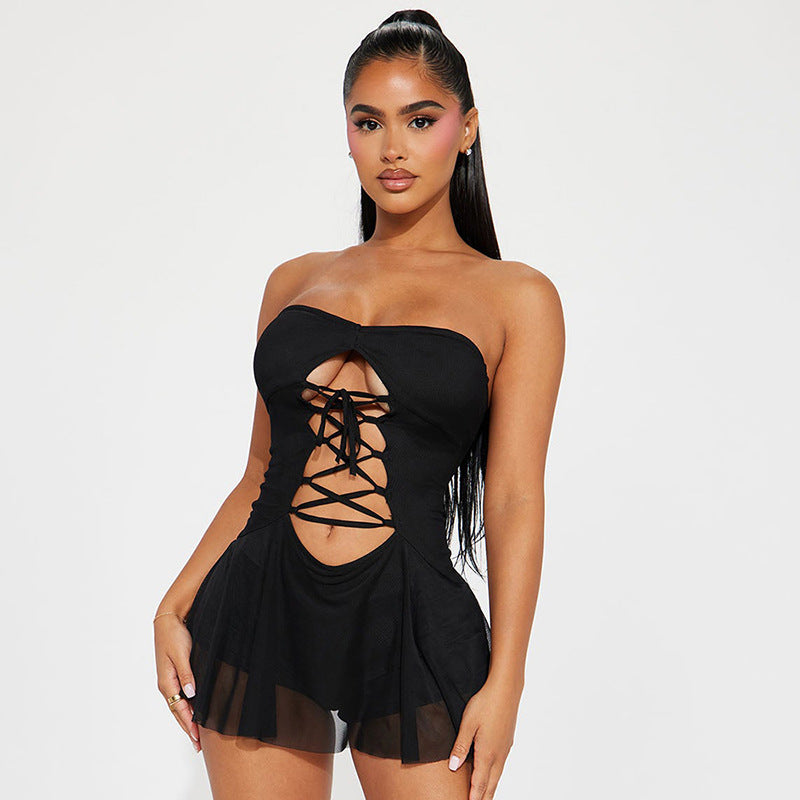 Cute Dress Award - Hollow-Out Cut-Out Tied Tube Top Mini Dress (7517922033752)