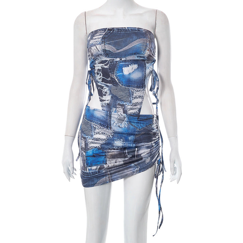 Denim Printing - Tube Top & Mid-Length Skirt Set (7519216959576)