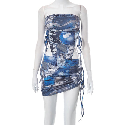 Denim Printing - Tube Top & Mid-Length Skirt Set (7519216959576)