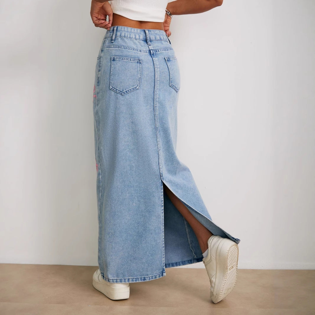 Printed Bow Top Pearl All-Matching Denim Skirt