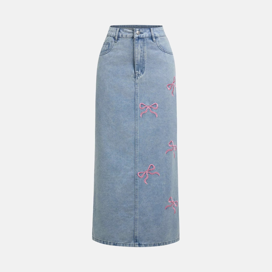Printed Bow Top Pearl All-Matching Denim Skirt