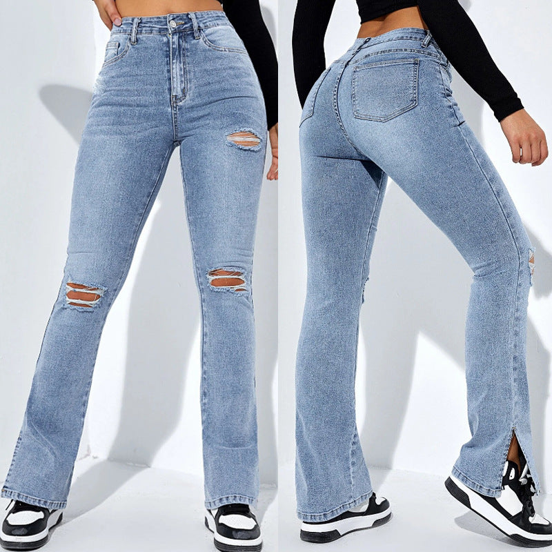 Distressed-Washed Straight Leg Stretchy Denim Jeans