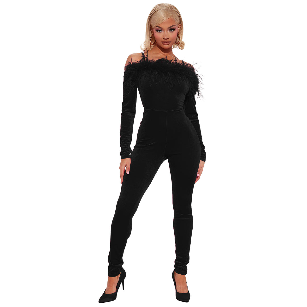 Velvet & Feather - Off-Shoulder Spaghetti Straps Slim-Fit Romper Bodysuit (7520612057176)