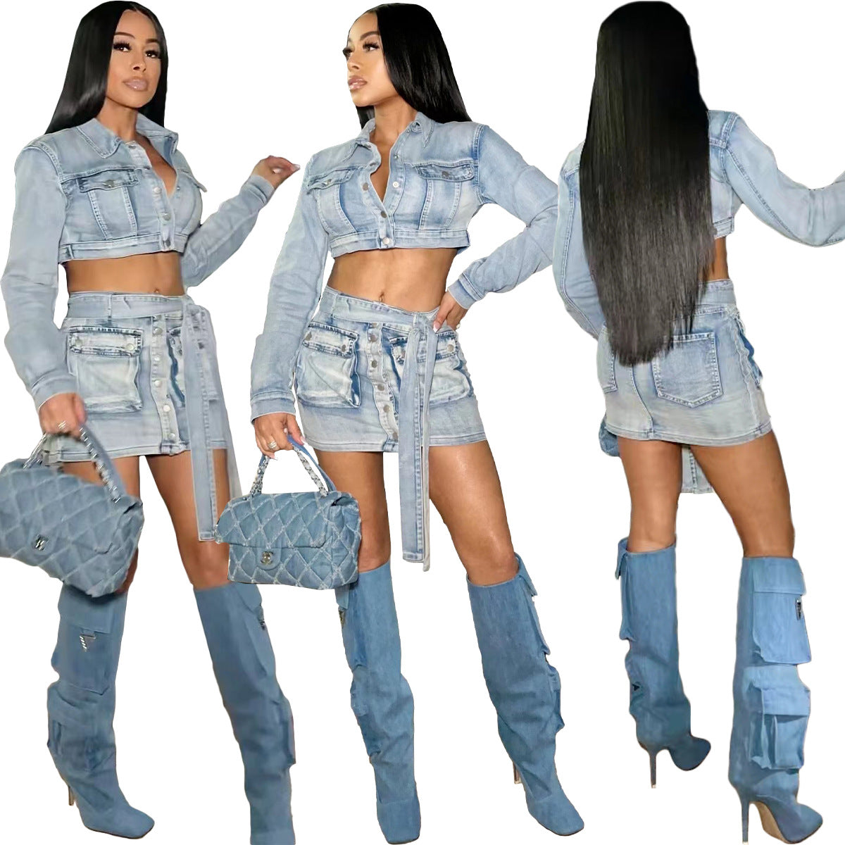 Denim Lace-Up - Pocket Skirt Set (7519198445656)