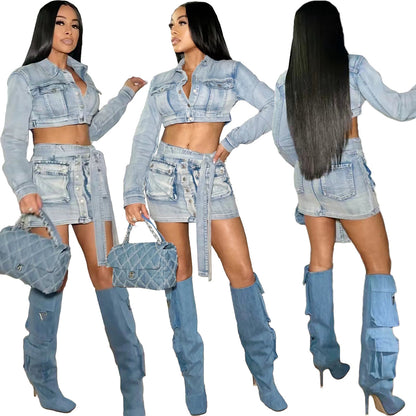 Denim Lace-Up - Pocket Skirt Set (7519198445656)