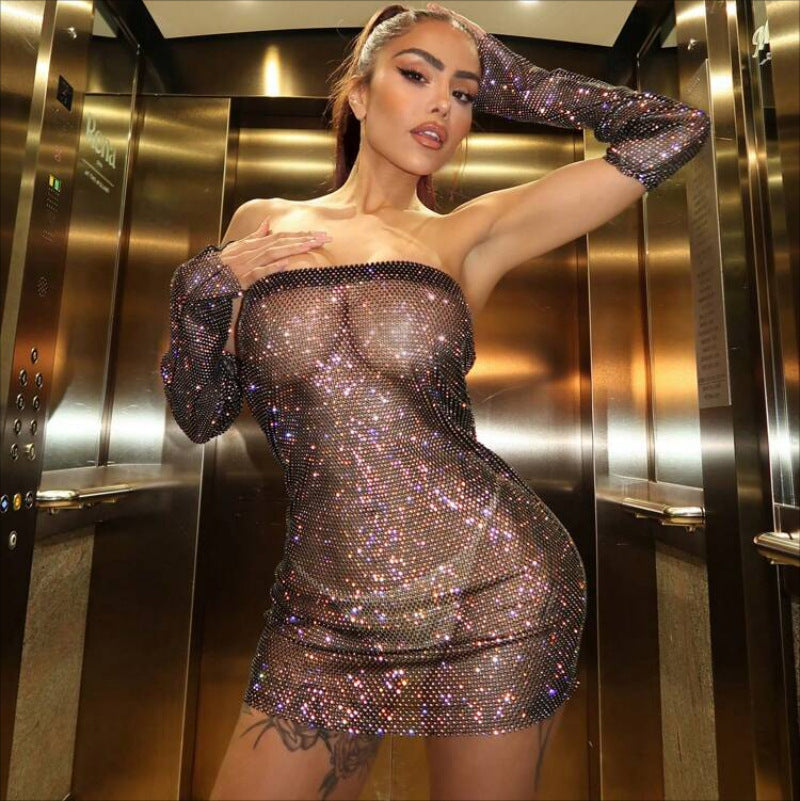 Mini Rhinestones Lace/Fishnet Dress