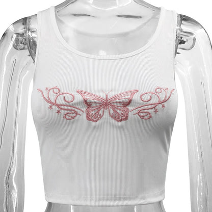 Solid Color Butterfly Embroidery Slim-Fit U-Collar Top