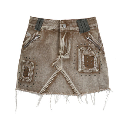 Retro Soil Abstract Rivet Split-Stitching High-Waist Raw Hem Short Denim Skirt (7522338439256)