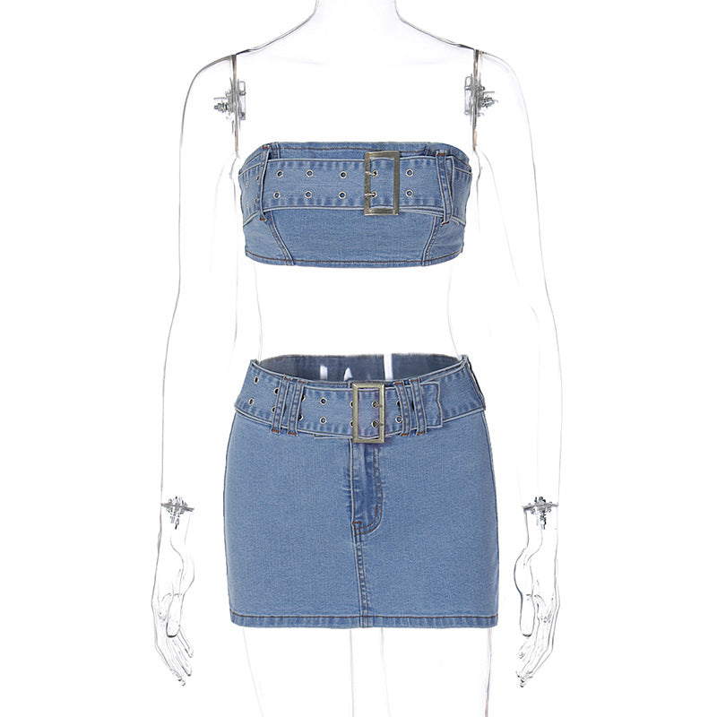 Buckle Up - Bandeau Buckle Slim-Fit Denim Skirt Set (7519216074840)