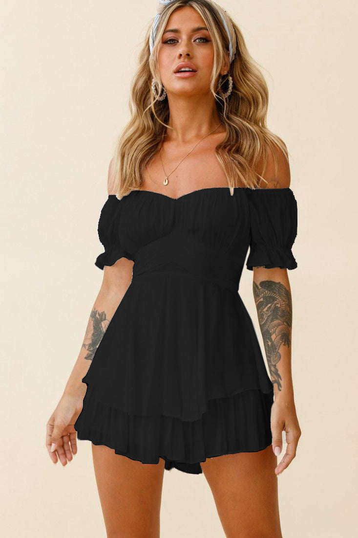 Solid Color Neck Lantern Ruffle Sleeves Romper