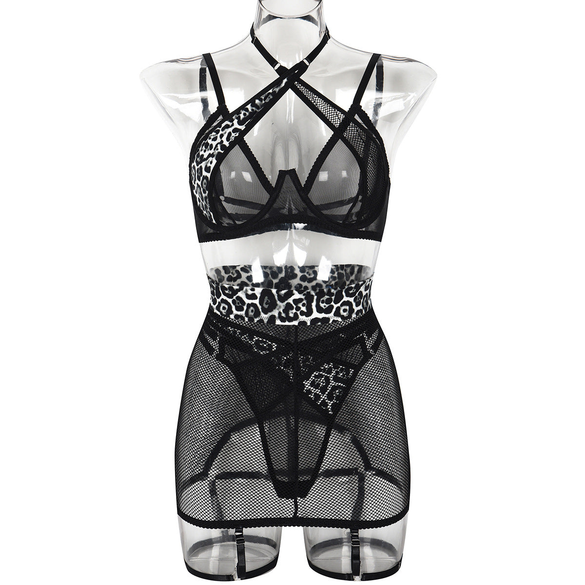 Leopard Cheetah Print Splicing -  Mesh Hollow-Out Cut-Out Halter-Cross Fishnet Three-Piece Set (7517838147672)